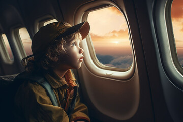 Little boy looking at the sunset through the airplane window
