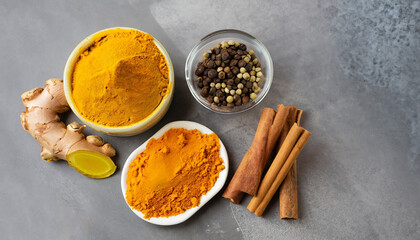 Ingredients for turmeric latte. Ground turmeric, curcuma root, cinnamon, ginger, black pepper on grey background. Spices for ayurvedic treatment. Alternative medicine concept.