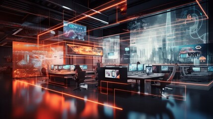 Modern neon cyberpunk open space office interior blurred with information technology overlay. Corporate strategy for finance, operations, marketing. Generative AI technology