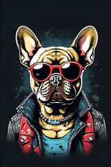 Obraz premium French bulldog dog dressed in punk rock rock and roll clothing and sunglasses