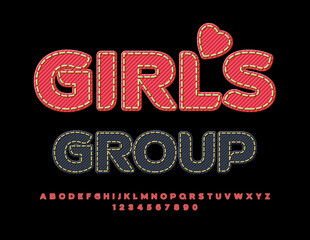 Vector trendy logotype Girls Group with Red Denim Font. Jeans style Alphabet Letters and Numbers