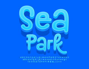 Vector advertising Banner Sea Park. Playful Blue 3D Font. Funny Alphabet Letters and Numbers set