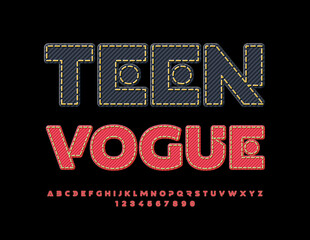 Vector unique banner Teen Vogue. Creative textile Font. Red denim Alphabet Letters and Numbers set
