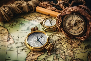 Fototapeta na wymiar Old vintage retro compass and binoculars on ancient world map. Vintage still life. Travel geography navigation concept background