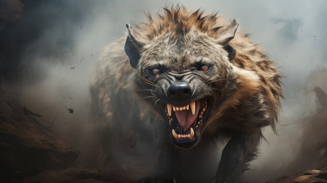 hyena in the fog looks into the frame