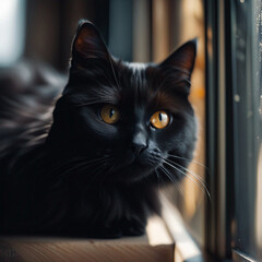 Cute black cat on windowsill MADE OF AI