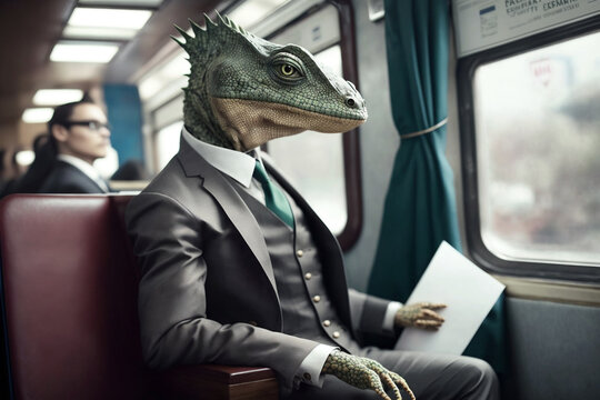 Lizard in business suit commuting on a train - concept image