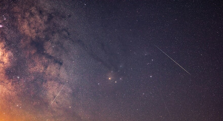 Milky way stars and shooting stars photographed with wide angle lens.