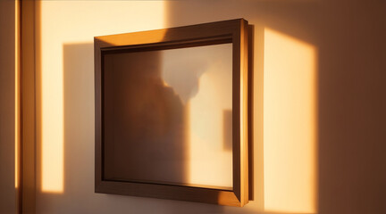 Square canvas framed on wall in center museum got shadow from center canvas and window with dreamy look in a golden hour. Generative AI.