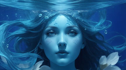 The blue Aquarius mermaid in the deep ocean with incredibly beauty. Generative AI.