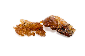 Gum arabic on white background, Pile of natural frankincense Olibanum, Incense