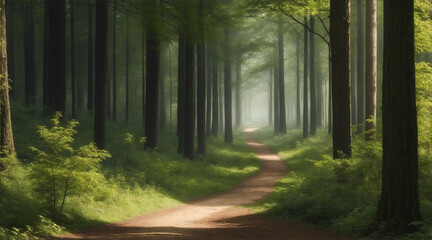 A forest with trees and a path. Generative AI.