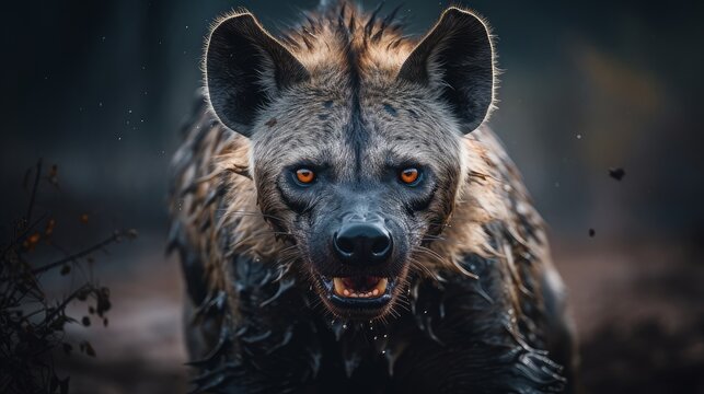 hyena in the fog looks into the frame