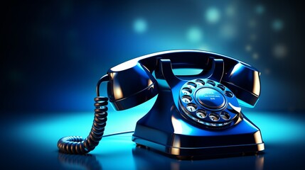 Vintage rotary telephone or phone ringing. Dark blue background. Retro handset phone. Device with a dial. Banner.