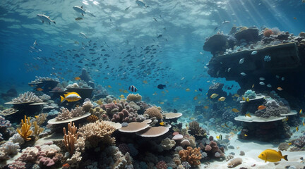 Underwater reef teeming with full sea life. Generative AI.