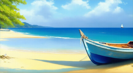 Boat on Beach oil painting wallpaper background landscape boating. Generative AI.