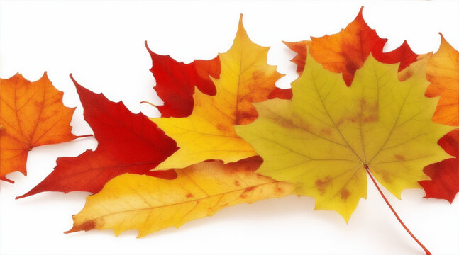 Fall leaves are laying down on a white background. Generative AI.
