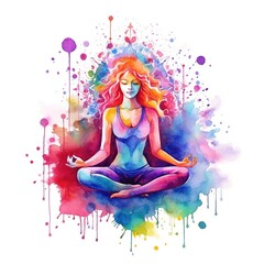 Generative AI, Woman silhouette in yoga pose, watercolor hand drawn illustration. Lotus position, chakras on meditating.