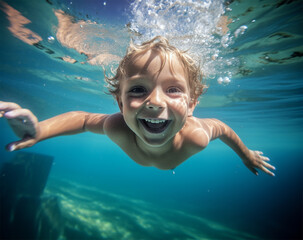 a happy kid swimming underwater and having fun