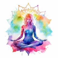 Generative AI, Woman silhouette in yoga pose, watercolor hand drawn illustration. Lotus position, chakras on meditating.