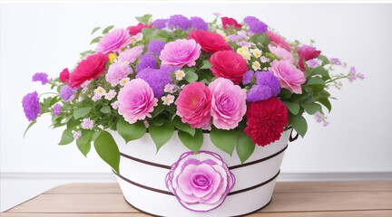 Beautiful decorative flowers bucket. Generative AI.