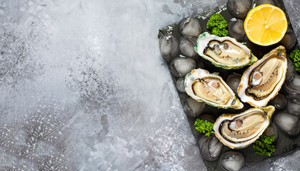 Fresh opened oysters, lemon, herbs, ice on concrete stone grey background. Top view, copy space....