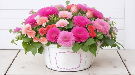 Beautiful decorative flowers bucket. Generative AI.