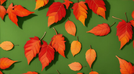 Obraz premium Fall leaves are laying down on a greem background. Generative AI.