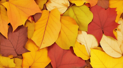 Fall leaves are laying down on a brown background. Generative AI.