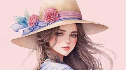 A detailed illustration of a beautiful girl wearing a hat watercolor art. Generative AI.