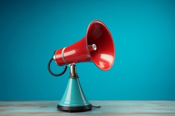 Megaphone in woman hands on a blue background. Copy space.