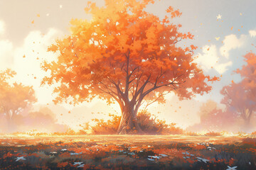 The beginning of autumn, autumn forest scene illustration