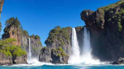 Two groups of rock formations standing at a waterfall in the pacific ocean. Generative AI.