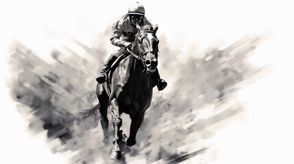 Fototapeta premium Generative AI, Ink painted racing horse with jockey, equestrian sport, monochrome illustration