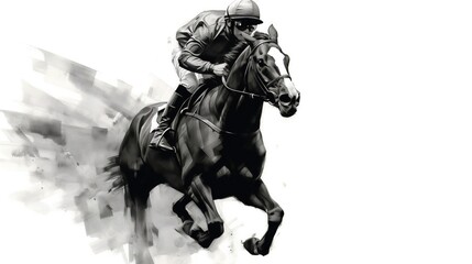 Fototapeta na wymiar Generative AI, Ink painted racing horse with jockey, equestrian sport, monochrome illustration