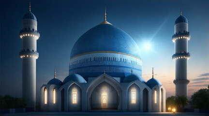 A mosque with a bright light on the top. Generative AI.