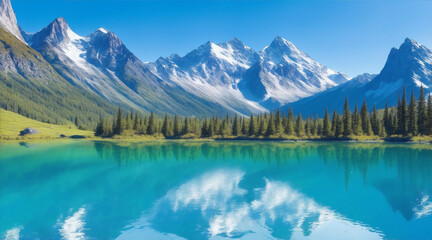 Majestic mountain range reflects tranquil blue pond. Generative AI.