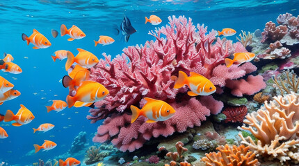 Fototapeta na wymiar Multi ed fish swarm soft coral in tropical reef. Generative AI.