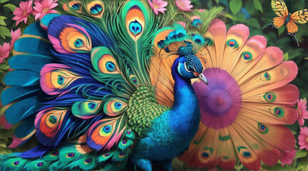 Fototapeta premium A colorful peacock with a colorful background and butterflies.. Generative AI.