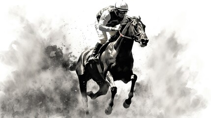 Generative AI, Ink painted racing horse with jockey, equestrian sport, monochrome illustration