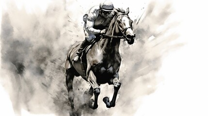 Naklejka premium Generative AI, Ink painted racing horse with jockey, equestrian sport, monochrome illustration