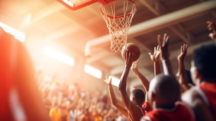 The competitive spirit of school sports captured in an action-packed basketball scoring moment