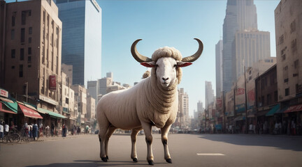 A sheep stands in front of a city with the words Eid Adha ad on it. Generative AI.