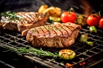 Tuinposter Rib-eye steaks cooking on flaming grill. Charcoal fire grill.  © BlazingDesigns