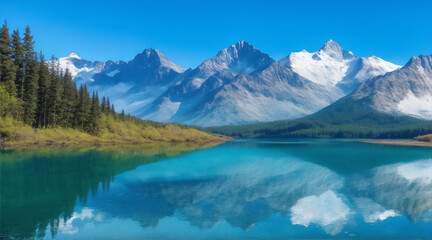 Fototapeta na wymiar Majestic mountain range reflects tranquil blue pond. Generative AI.