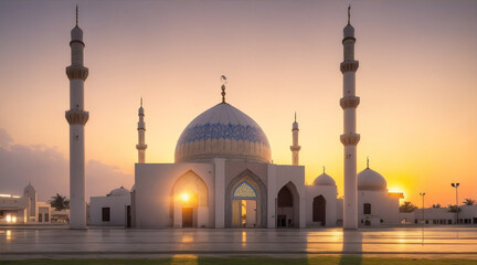 Fototapeta na wymiar Photo ramadan Kareem Eid Mubarak mosque in evening with sun light background. Generative AI.