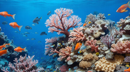 Naklejka na ściany i meble Multi ed fish swarm soft coral in tropical reef. Generative AI.