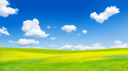 Spring or summer landscape with meadow flowers and blue sky with clouds. Generative AI.