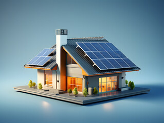 model house with Solar Panel on the roof 3D illustration. Renewable energy concept