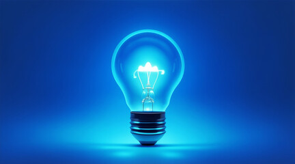 Creative light bulb abstract on glowing blue background. Generative AI.